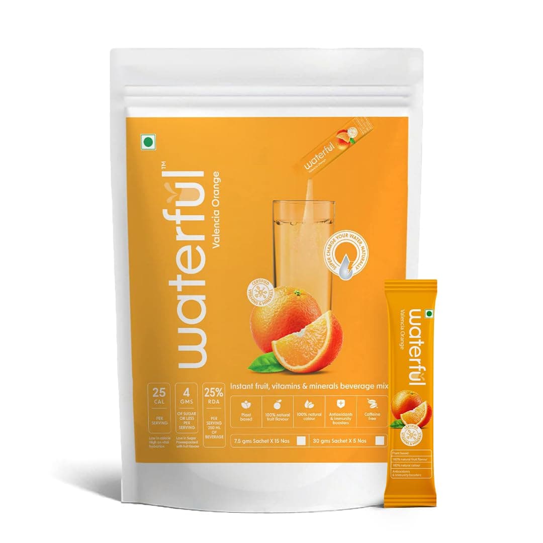 Waterful Valencia Orange (30 gms X 5 sachets) 100% Natural, Real Fruit Flavor, 10+ Vitamins & Minerals, Low Cal Hydration Powder Mix (Pack of 1)