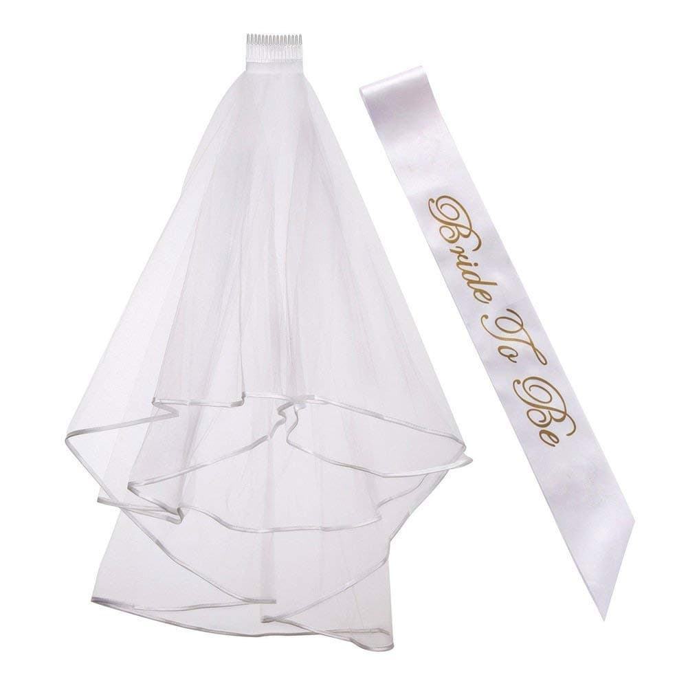 Rmeet Bride to Be Sash and Veil,White Bridal Wedding Veil with Comb+Gold Bride to Be Banner Hen Party Accessory for Bridal Shower Hen Night Party Decoration