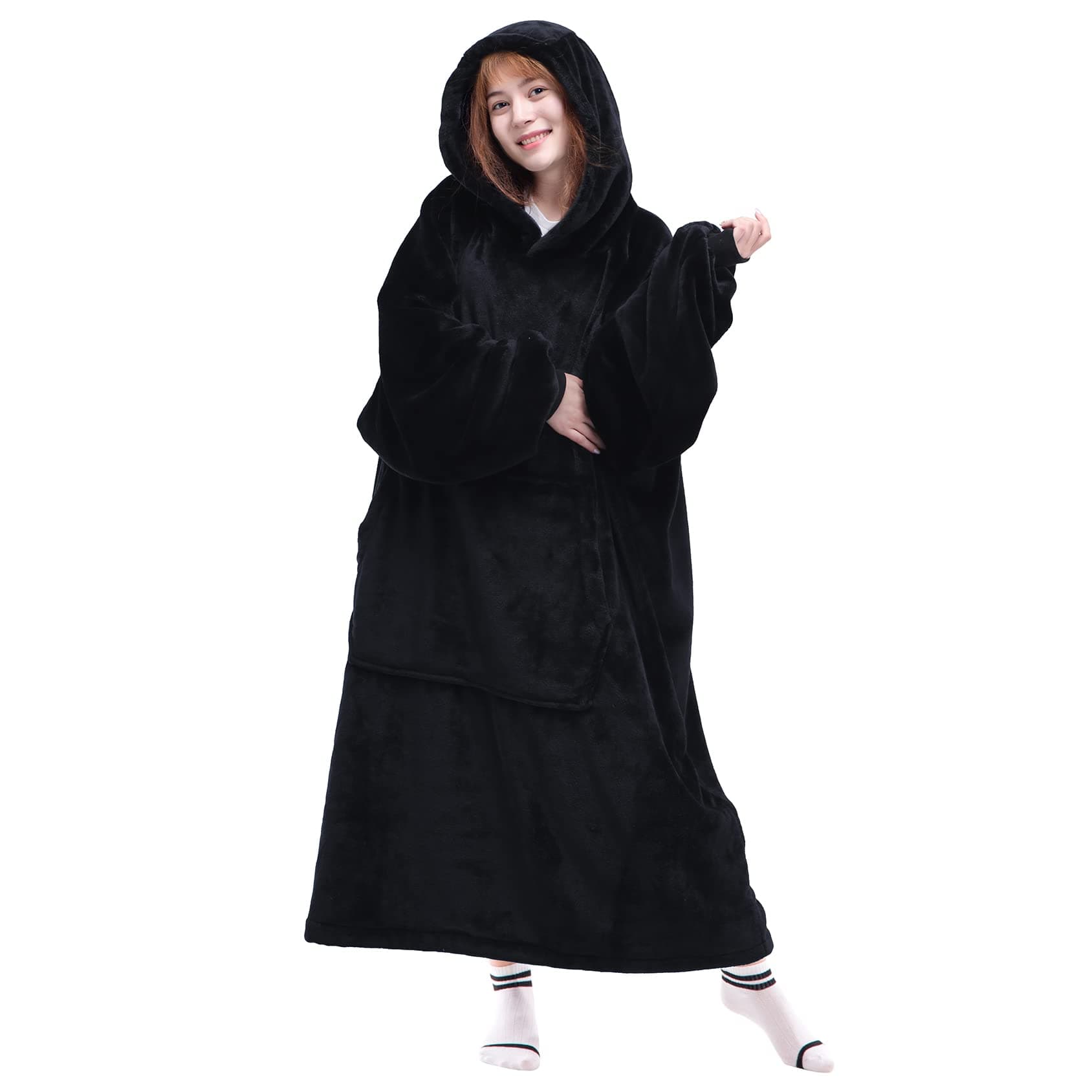 Waitu Wearable Blanket Sweatshirt Gifts for Women and Men, Warm and Cozy Giant Blanket Hoodie, Thick Flannel Blanket with Sleeves and Giant Pocket - Black