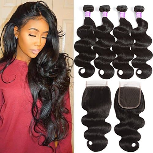 Flady 10A Brazilian Body Wave Hair 4 Bundles with Closure 100% Unprocessed Virgin Human Hair Bundles with 4x4 Free Part Closure (24 26 26 26+20inch Closure)