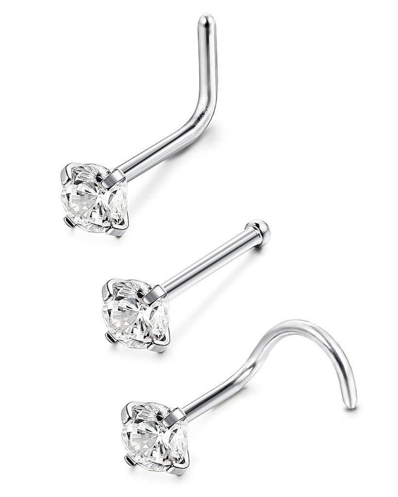 BYO 3 Pcs Surgical Steel Clear Diamond Nose Stud Rings Screw Piercing Jewelry