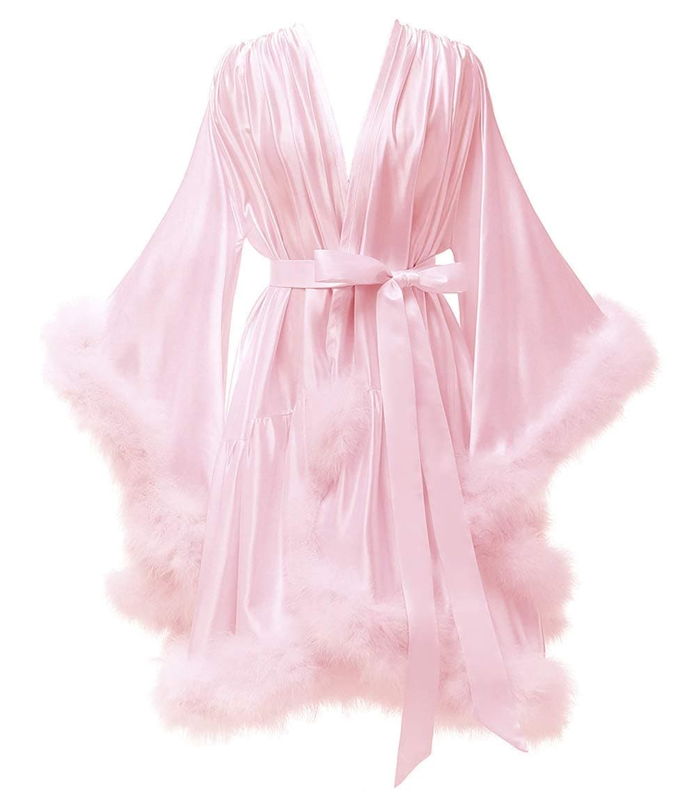 Changuan Women's Feather Robe Silk Satin Fur Bridal Robe Short Dressing Gown Bathrobe Lingerie Nightgown Sleepwear