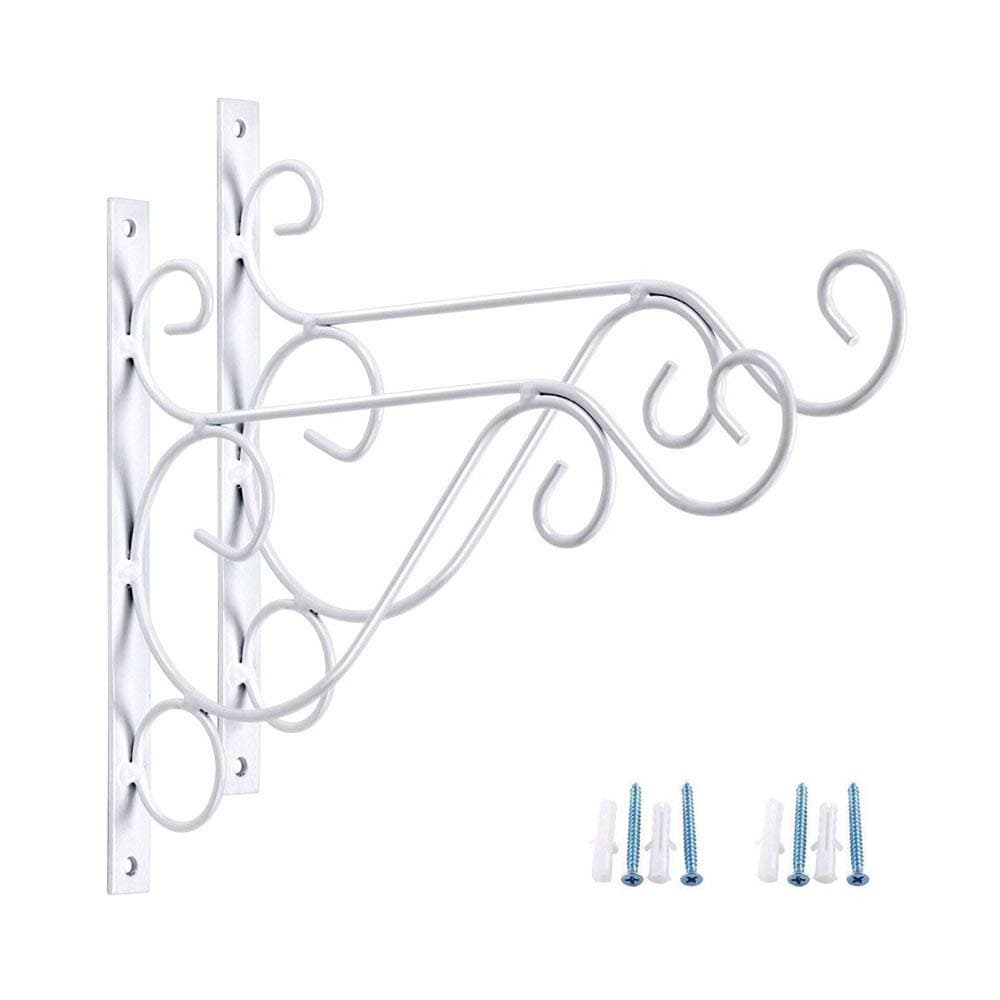 Rainbowroseus 2 Pack 10" Iron Hanging Plants Bracket Decorative Wall Planter Hanger Hooks with Screws for Bird Feeder Lanterns Wind Chimes White
