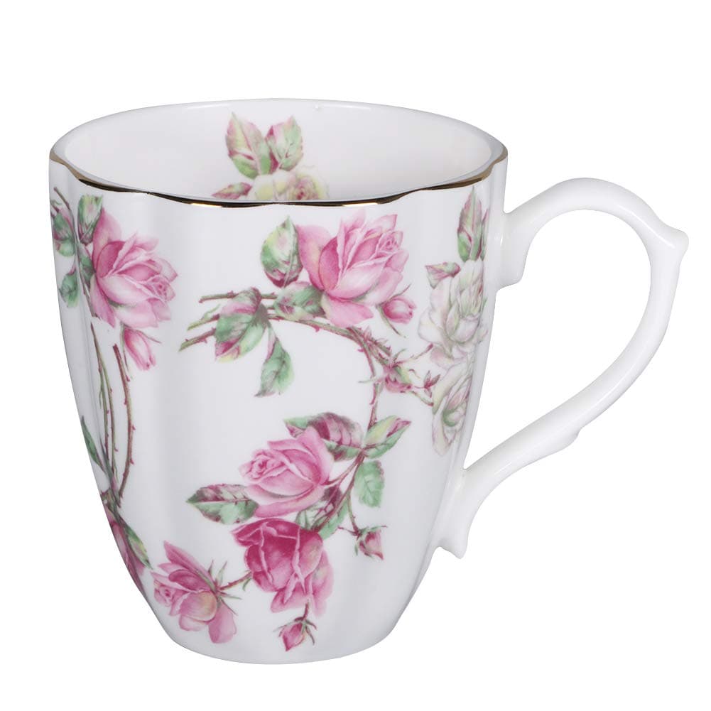 Sunddo Pink Rose Tea Mug 14 OZ Fine Bone China Golden Edge Cute Coffee Mug for Women Men Wife in Office Home