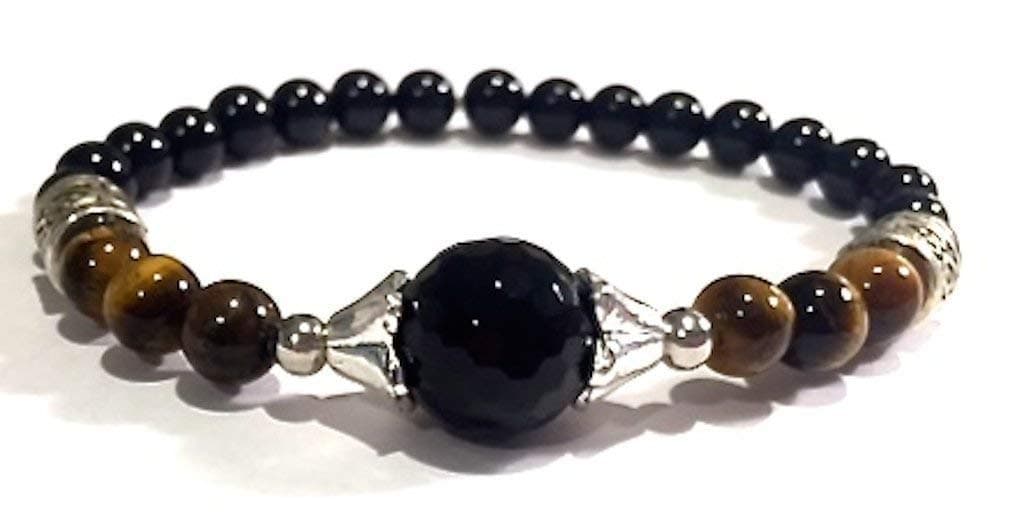 Handmade 7 Inch Black Onyx, Black Tourmaline and Tigers Eye Healing Bracelet