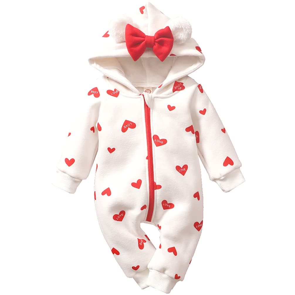 AMAWMWNewborn Baby Girl Winter Clothes Baby Snow Suit Infant Strawberry Jumpsuit Hooded Romper Snowsuit Warm Fleece Bunting, White-a, 0-3 Months