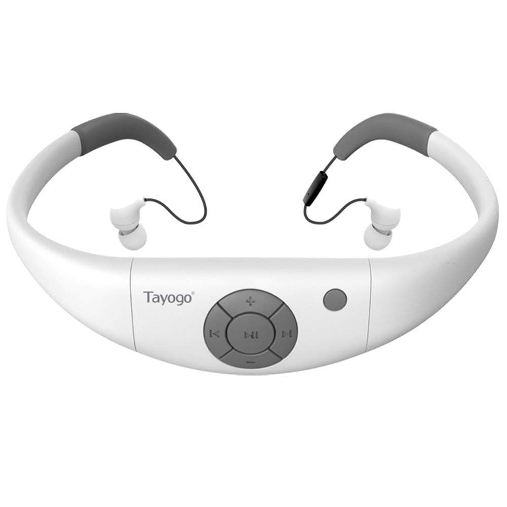 TayogoTayogo Waterproof Mp3 Player 8GB Swimming Bluetooth Headset Underwater 10feet with FM APP Flash Drive for Swimming Running Riding Walking SPA and Other Water Sport with Shuffle Feature-White