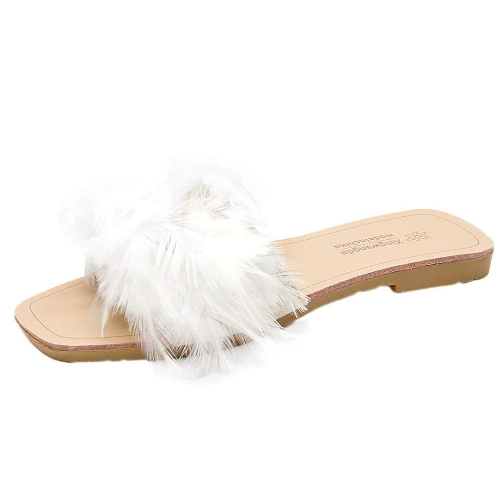 Anglewolf Women Flat Casual Shoes Flip Sliders Ladies Summer Sandals On Slides Pu Leather Comfy Slippers Outdoor/Indoor Women's Fashion Colorful Feather Slipper Peep Toe