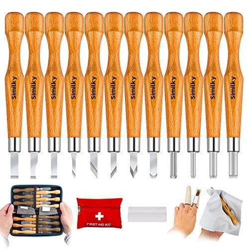 SIMILK 12 Set SK7 Carbon Steel Tools for Wood Carving with Protective Cover, Crafting Chisel tools with Leather Finger Guard & Storage Case & Graver Whetstones
