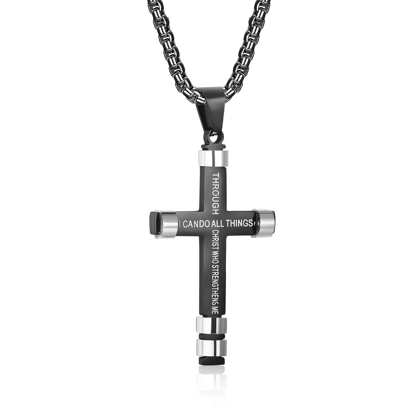 Philippians 4:13 Cross Necklace for Men Strength Bible Verse I CAN DO ALL THINGS Pendant Stainless Steel Chain Meaningful Jewelry Gift for Boy