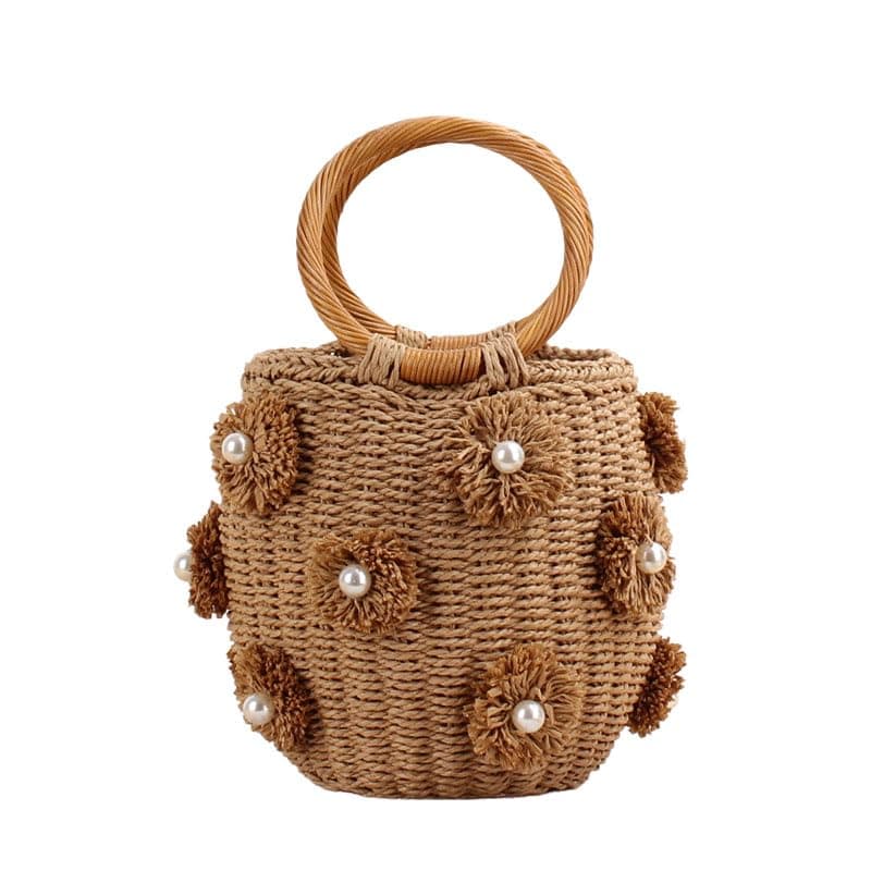 Nice Pies Flower Pearls Rattan Tote Bag Summer Beach Drawstring Straw Bucket Bag Diamonds Woven Handbag