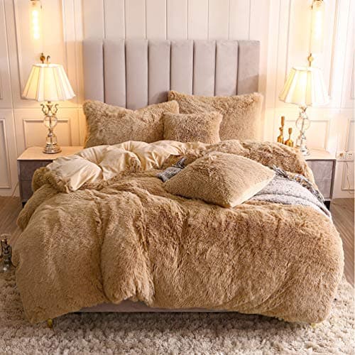 UhamhoFaux Fur Velvet Fluffy Bedding Duvet Cover Set Down Comforter Quilt Cover with Pillow Shams, Ultra Soft Warm (Queen, Camel)