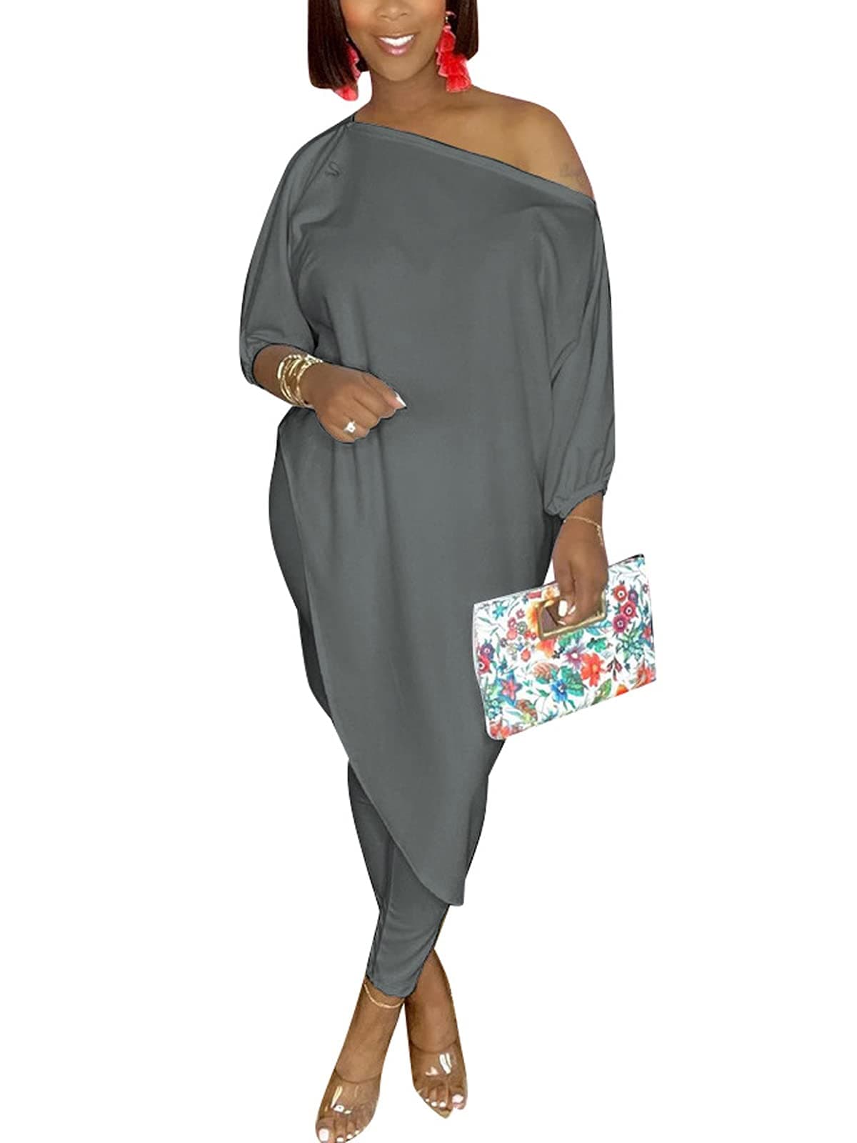 imbpceu Women's Casual 2 Piece Outfits Solid Off Shoulder 3/4 Sleeve Irregular Hem Tops Bodycon Pants Set