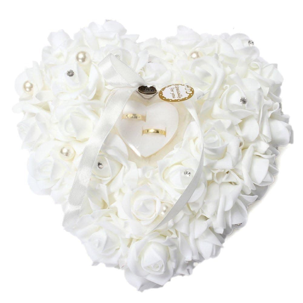 HONEYGIFTS Freesooth Wedding Ring Pillow, White Ring Pillow Lace Crystal Rose Wedding Heart Ring Box Ring Holder