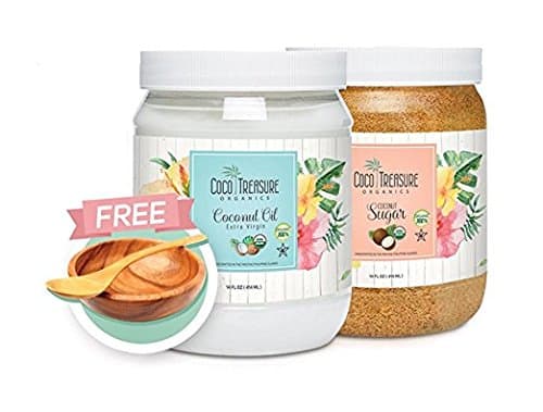 Coco Treasure Organic Coconut Facial Scrub - DIY Beauty Kit with Organic Extra Virgin Coconut Oil (14 fl. ounces), Organic Coconut Sugar (300 grams) and Free Wooden Bowl and Spoon for Mixing