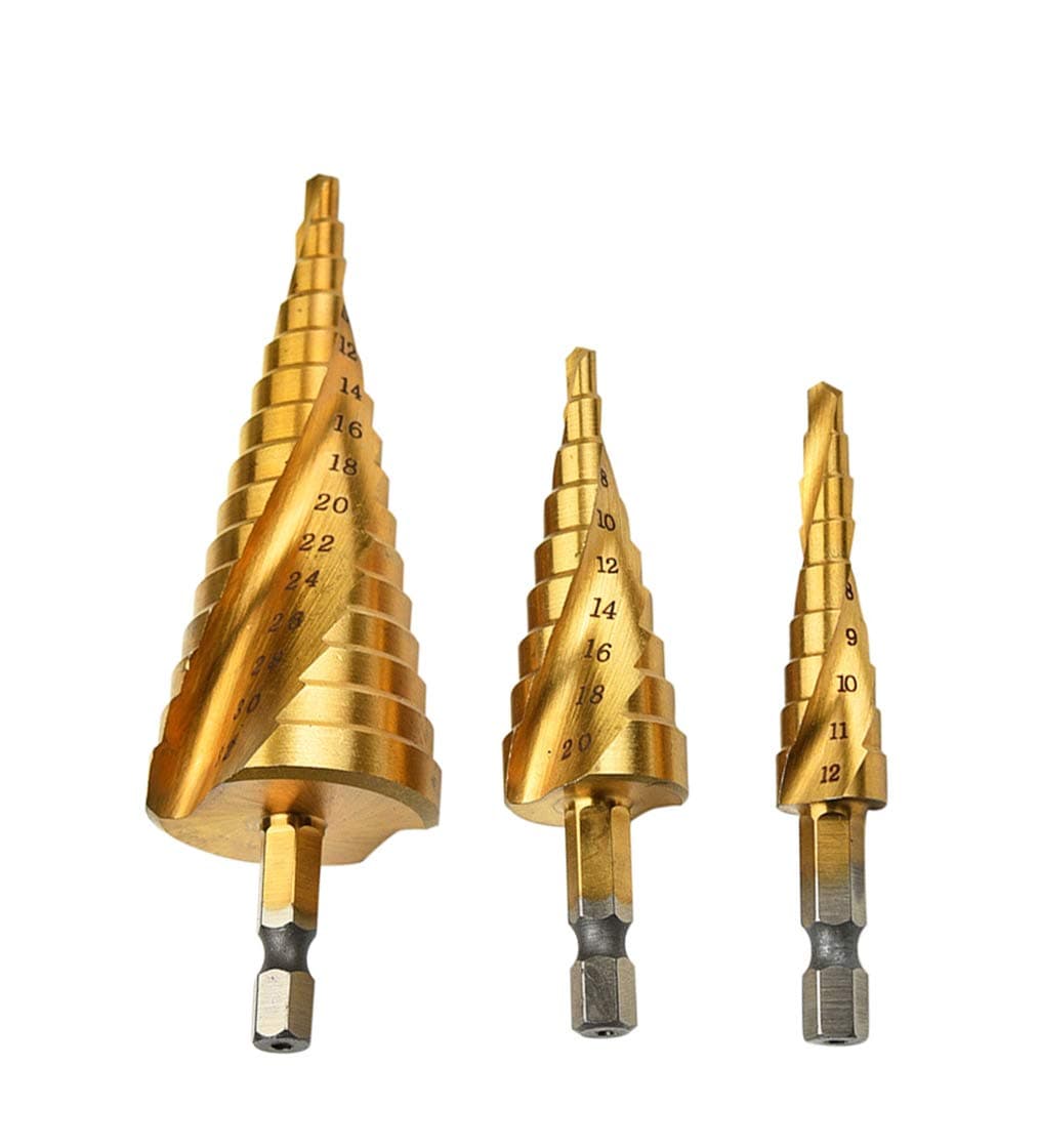 HSS Step Drill Bit Spiral Flute 3-Piece Set 4-12mm/4-20mm/4-32mm, HSS Titanium Coated Drilling Tool Multi-functional Hex Shank High Speed Steel with Storage Bag