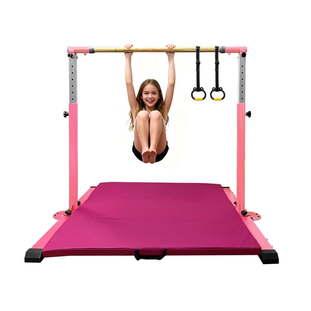 Gymnastics Bar for Kids Girls Ages 3-15 with Ring for Home Indoor Training Equipment- Steady Steel Construction, Anti-Slip, Easy to Assemble, 3' to 5' Adjustable Height