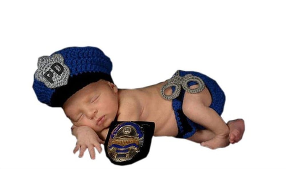 Newborn Baby Boys Photography Prop Crochet Knitted Police Hat Diaper Cover Blue