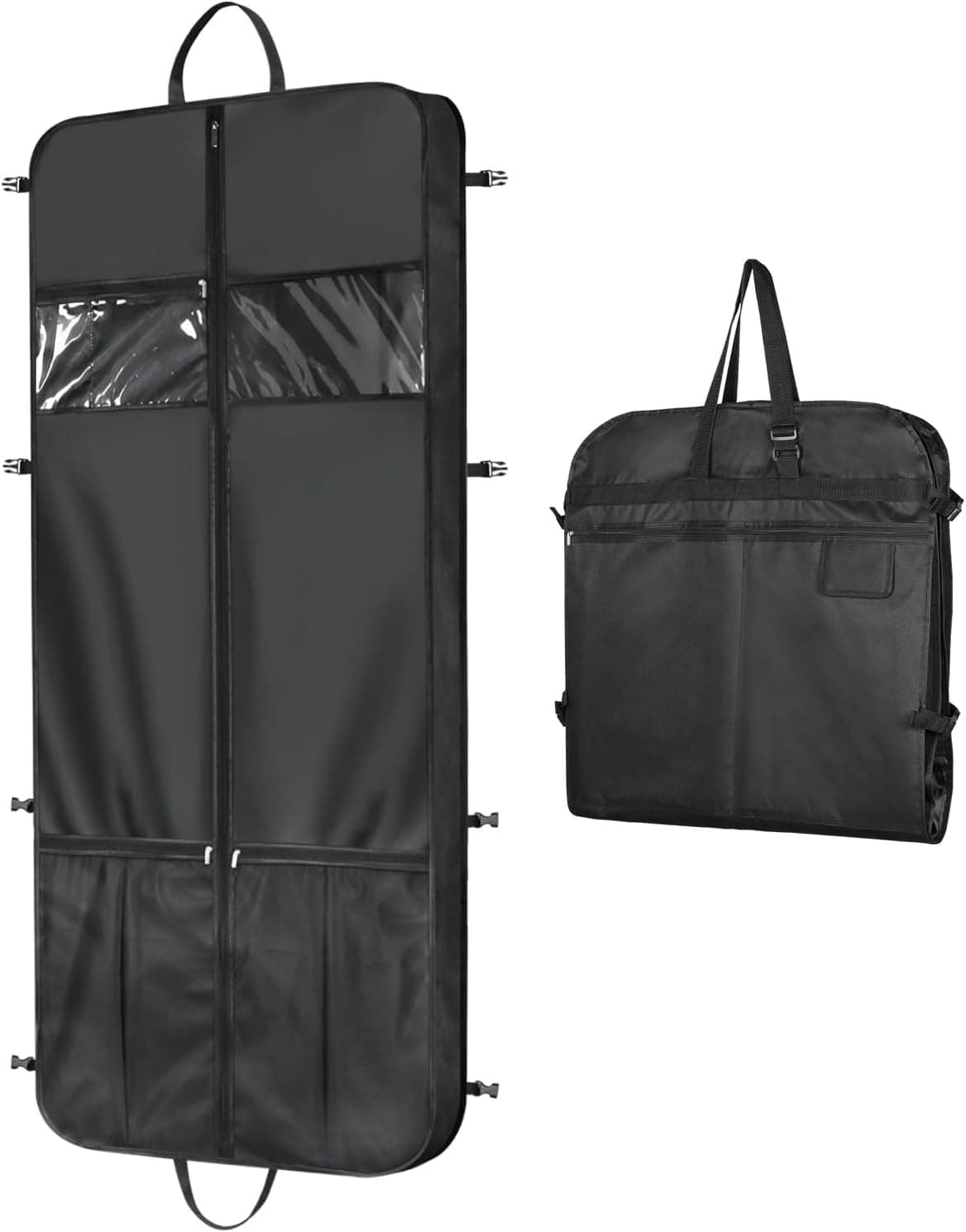 Univivi Long Dress Bag, 60 inch Dress Cover with 5 Zip Pockets and PVC Transparent Window, Waterproof Foldable Garment Bag for Women for Travel with Adjustable Handles, for Wedding and Feast, Black