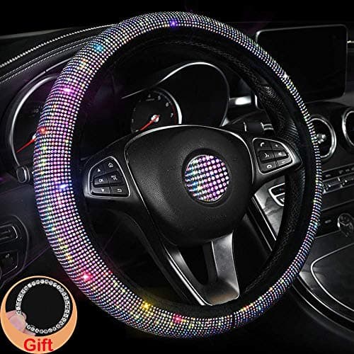 Forala Car Steering Wheel Cover Fur Bling Bling Rhinestone Luxurious Universal for Girls Lady Winter Warm (Colorful-B)