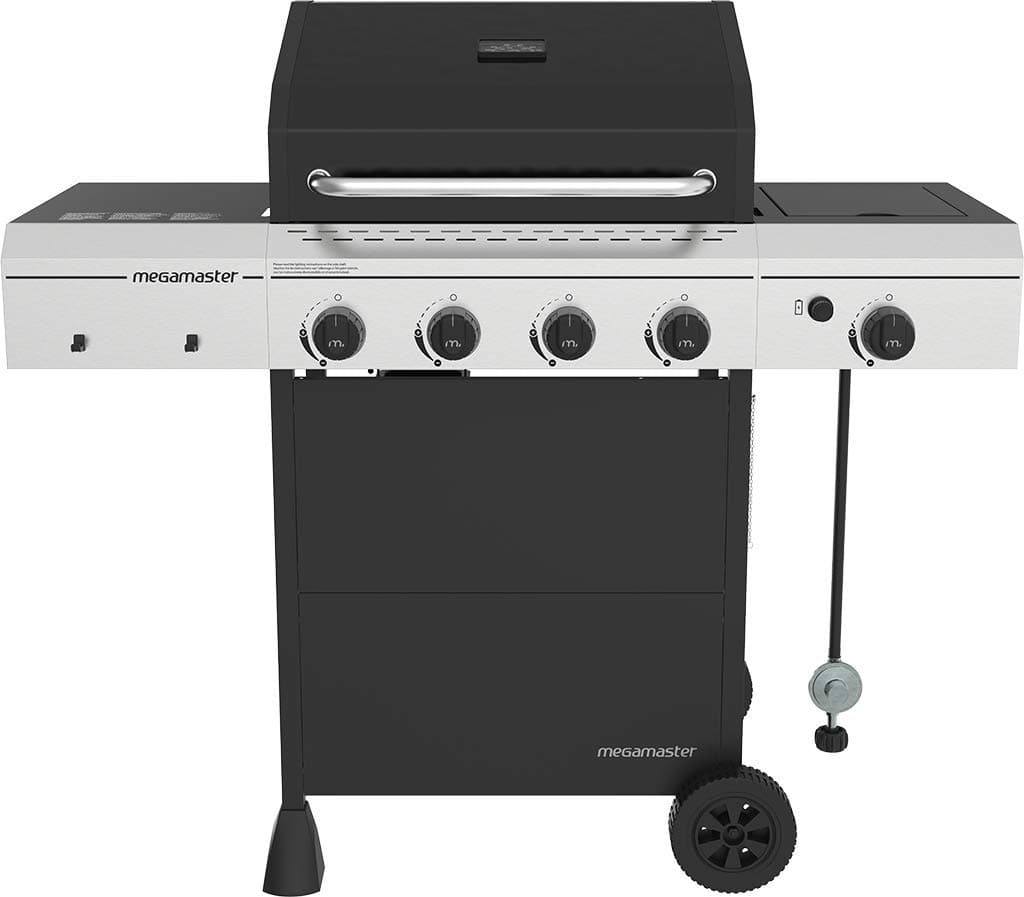 Megamaster 720-0804H 4-Burner Propane Barbecue Gas Grill, for Camping, for Outdoor Cooking, Patio, Garden Barbecue Grill, 52000 BTUs, With Side Table, Silver and Black