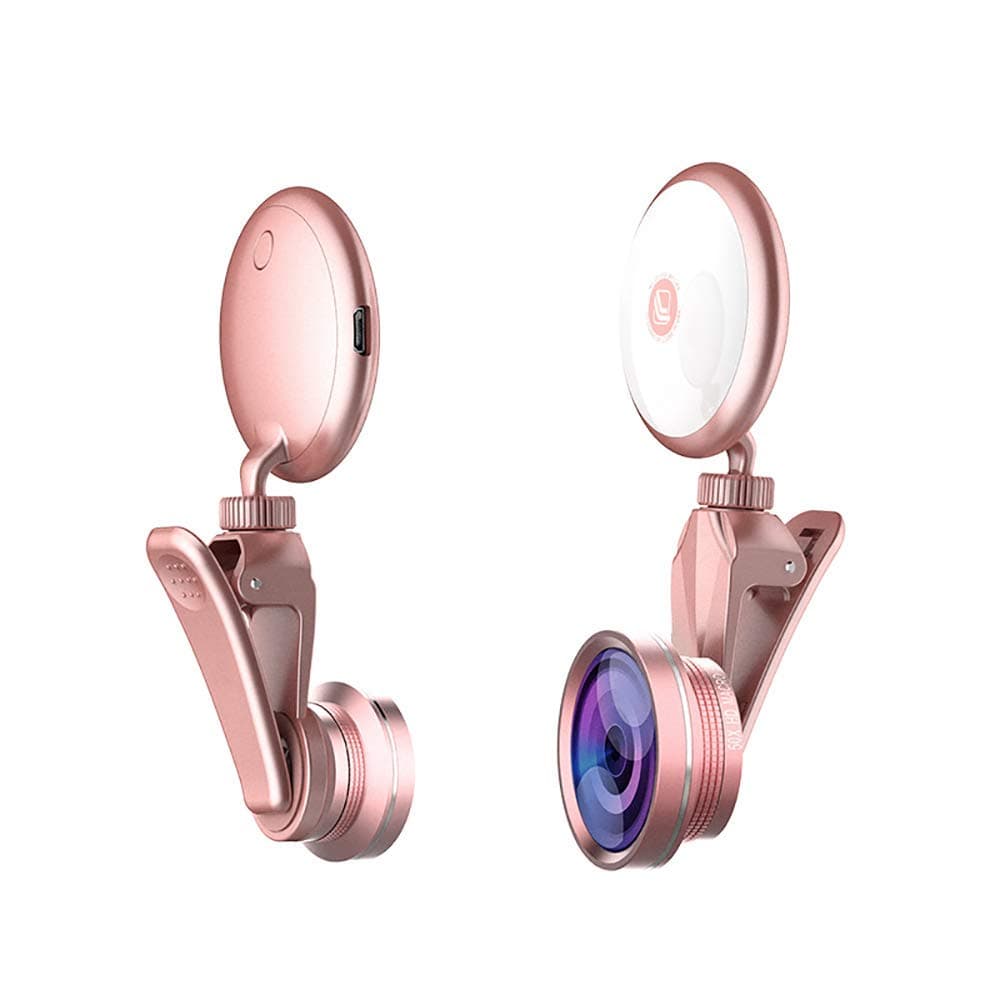 Selfie Light Ring with Mobile Camera Lens,360° LED Flash Light + 4K HD Wide Angle Lens + 185° Fisheye Lens + 50X Macro Lens, for Phone, iPad, Samsung Galaxy, Photography Phones Tablet, Laptop (Pink)