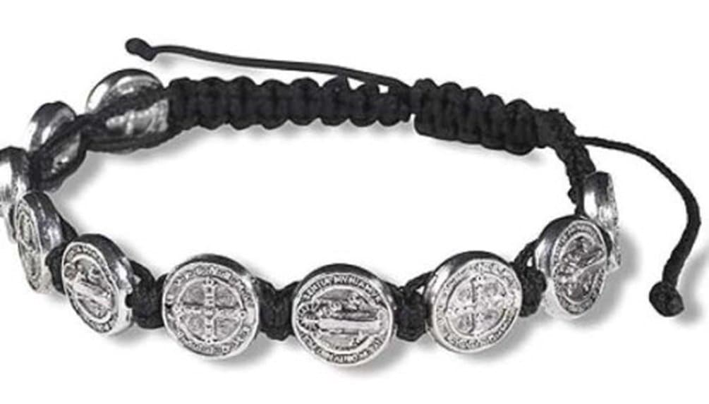 Silver Tone Saint Benedict Medal on Adjustable Black Cord Wrist Bracelet, 8 Inch