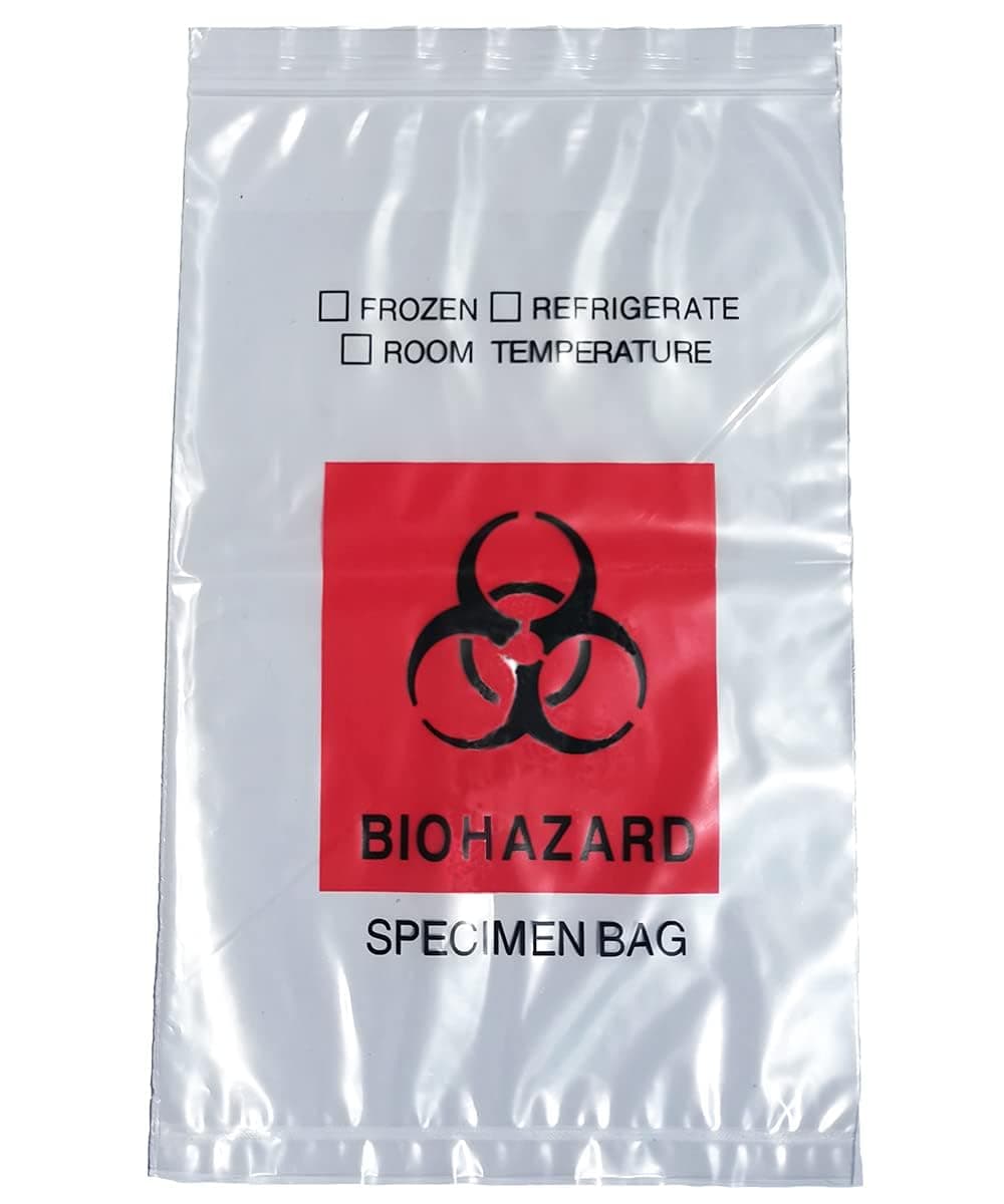 Biohazard Specimen Bags,100pcs 6x9in/15x25cm with Biohazard Red Logo Printing, Ziplock Top Sample Bags with Outside Pocket Paperwork Pouch