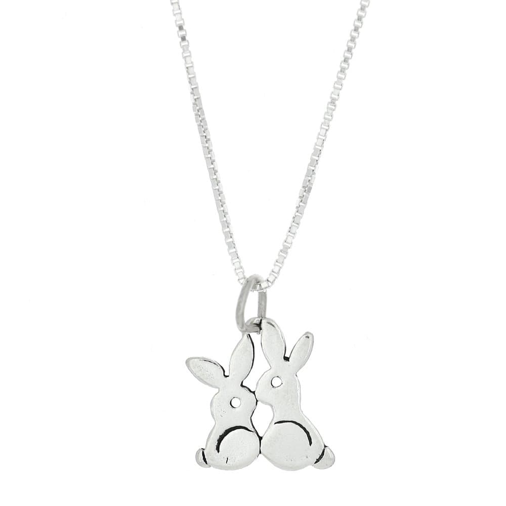Sterling Silver One Sided Small Kissing Bunny Rabbits Necklace
