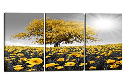 Wall Art Prints Yellow and Grey Tree Wall Art Flowers Floral Pictures Decor - 3 Panel Black and White Wall Art for Living Room(Size:14"x20"Inchx3 Panel)