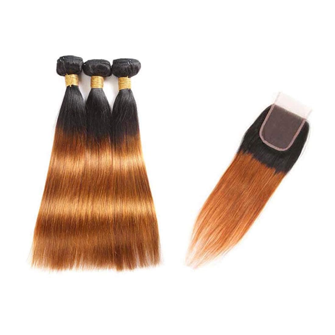 Seelaak Ombre Human Hair Bundles 100% Remy 3 Bundles with 4x4 Free Part Lace Closure t30 Ombre Brown Straight Bundles T1B/30 Human Hair Weave Hair Extensionss for Black Women (10 12 14+10)