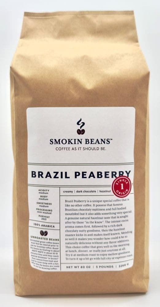 5-Pound Brazil Peaberry, Unroasted Green Arabica Coffee Beans, Fresh Current Crop Specialty Grade, Roast the Beans Yourself at Home on Your Roasting Equipment Prior to Using for Brewing Coffee