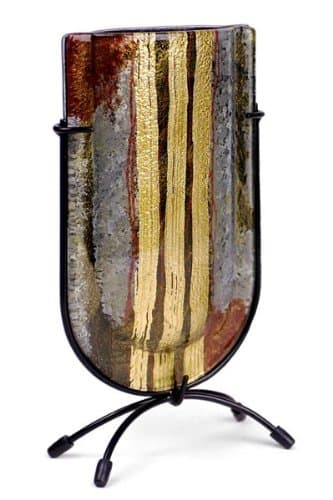 Cressida Glassware Signature Handpainted Fused Glass Pieces Gold Water Series Black, White and Gold Metallic Strip 9" Mini U Bud Vase with Metal Stand