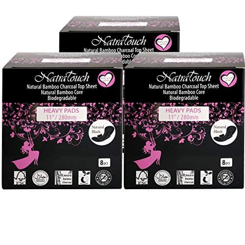 NATRATOUCH ~ COMPOSTABLE ~ Natural Bamboo Charcoal Sanitary Pads (Heavy Flow - 2 Pack Total 16 Pads)