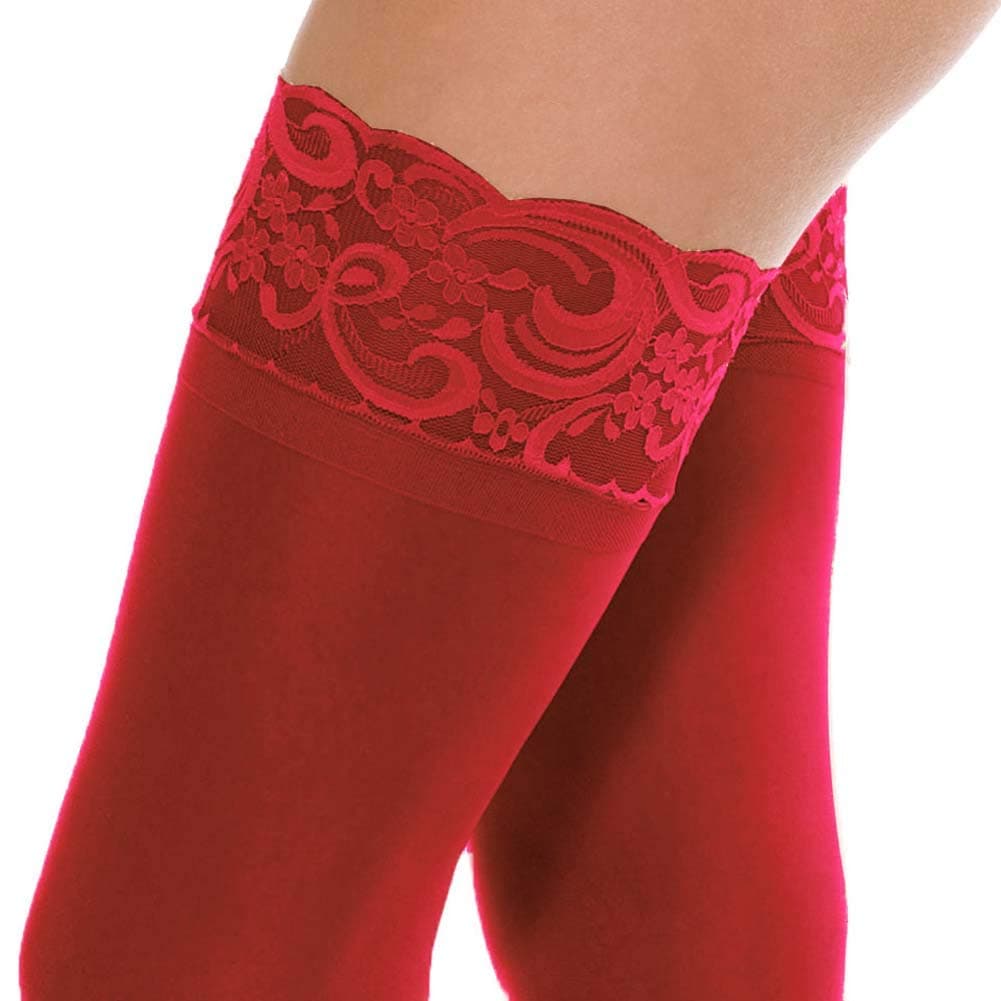 Thigh High Sheer Stockings With Lace Top by Forplay Red O/S
