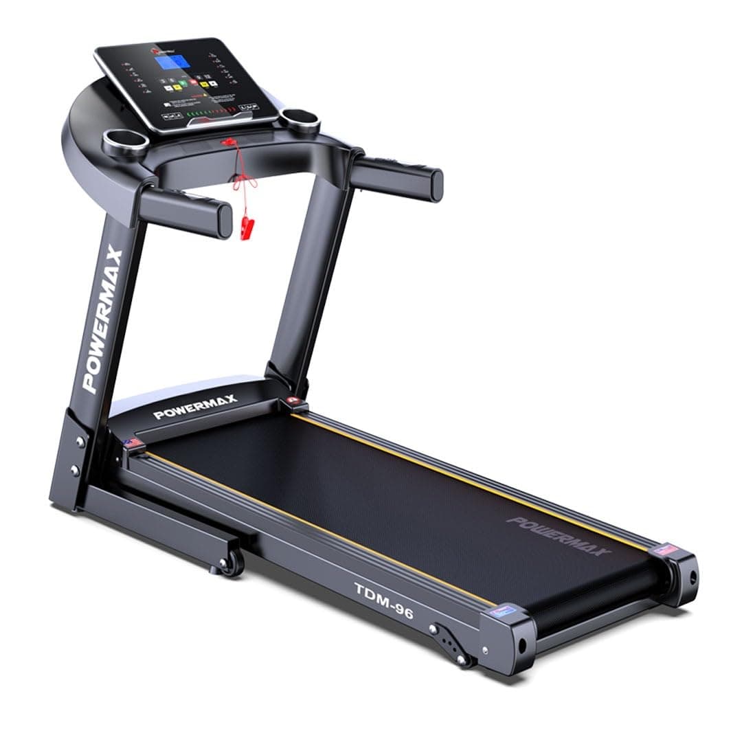 PowerMax Fitness TDM-96 4HP Motorised Foldable Treadmill for Home Use, Max User Wt. 110kg | Top Speed 12 kmph, LCD Display, BMI | Bluetooth for Music & Mobile App | 3 Level Manual Incline, Speaker