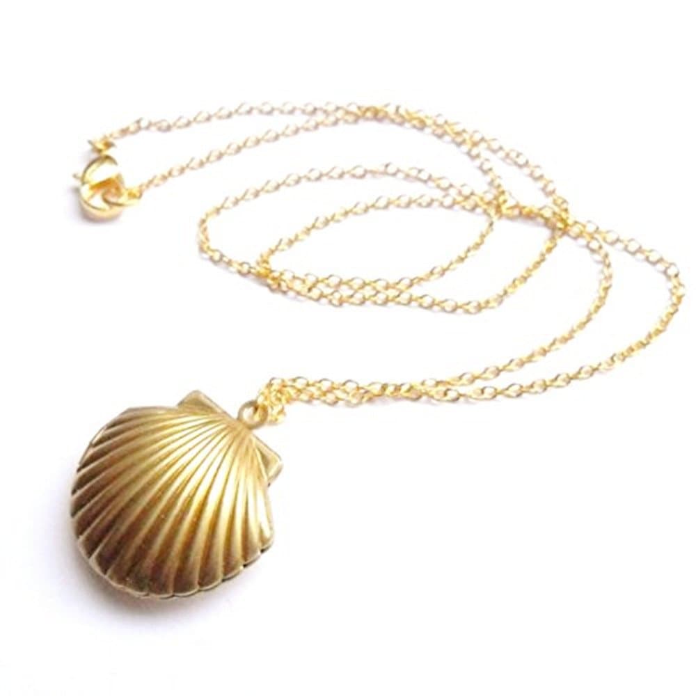 AHIER Sea Shell Locket, Beach Mermaid Valentine Necklace, Gold Tone Brass, Little Shell Locket, Nautical Jewelry(Gold)