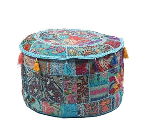 KLAVATE Ganesham Indian Hippie Vintage Cotton Floor Pillow & Cushion Patchwork Bean Bag Chair Cover Boho Bohemian Hand Embroidered Handmade Pouf Ottoman (Turquoise, 13 H X 18 Diam.(Inch))