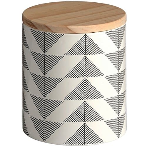 Grey and White Ceramic Decorative Geometric Storage Jar with Wooden Lid