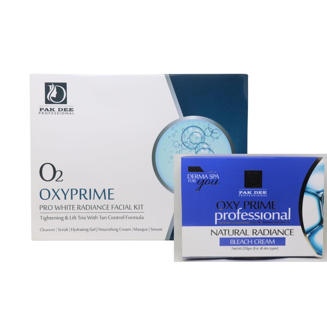 PAK DEE PROFESSIONAL Oxyprime Pro White Radiance Facial Kit & Natural Bleach Cream for Glowing Skin- Combo Pack (Pack of 2)