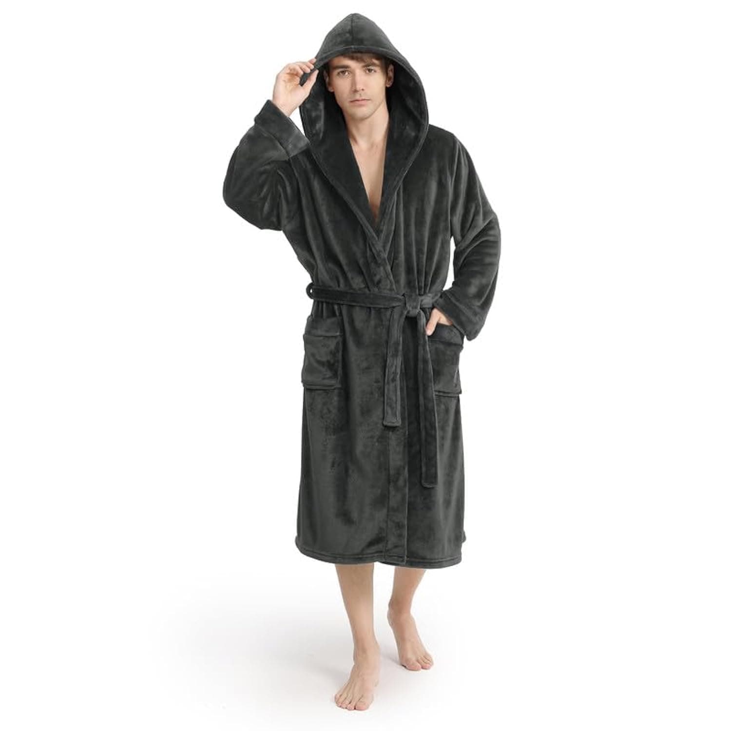 Luxury Mens Robe with Hood, Ultra Cozy Fleece Bathrobe for Men, Plush Hooded Robe with Belt & 2 Pockets
