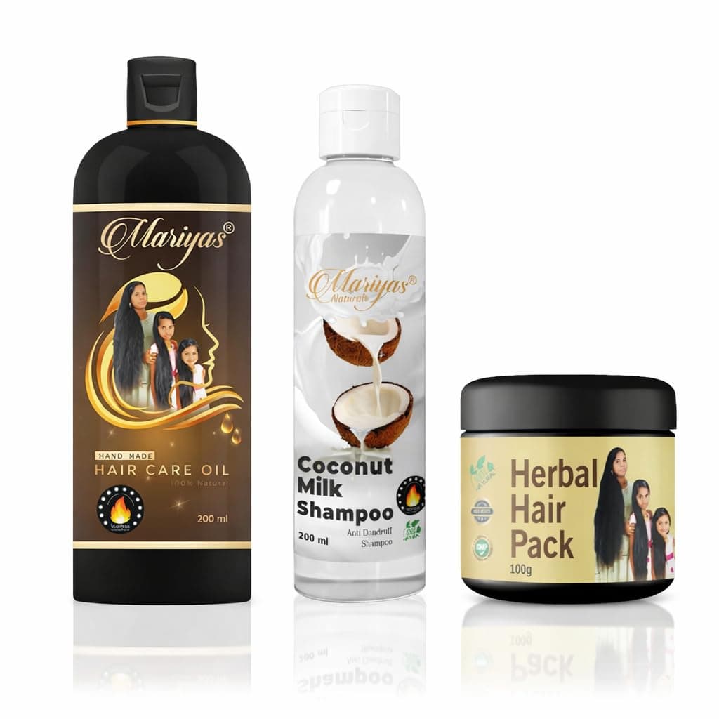 Mariyas Herbal's Anti Dandruff Pack - Natural Hair Oil 200ml, Coconut Milk Shampoo 200ml & Herbal Hair Pack & Wash Powder 100gm for Hair Growth and Dandruff Relief