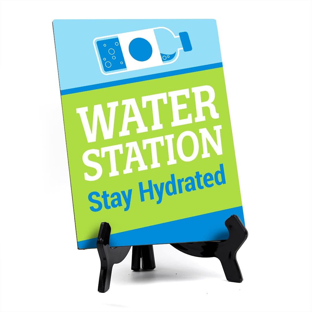 Signs ByLITA Water Station: Stay Hydrated Table Sign with Acrylic Stand (6x8“) - 1 Pack