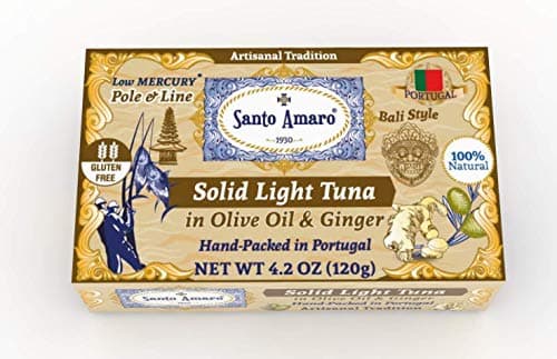 SANTO AMARO Artisanal Wild Tuna in Olive Oil & NATURAL GINGER (12 Pack, 120g Each) BALI STYLE! 100% Natural - GMO FREE - Wild Pole & Line Caught Skipjack - Keto - Paleo - Solid Hand Packed in PORTUGAL