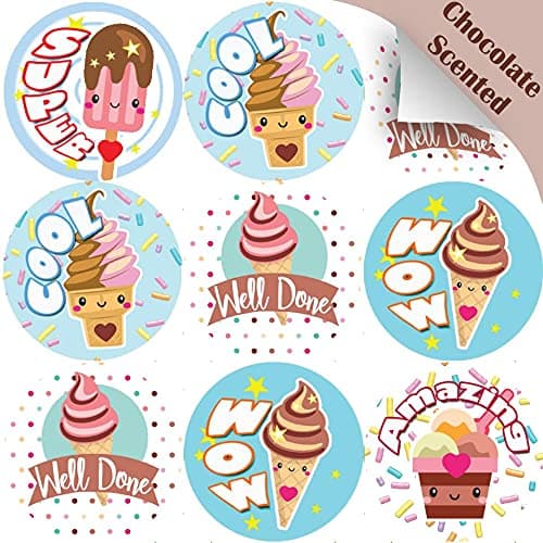 120 Ice Cream Praise Words 30mm Chocolate Scented Reward Stickers for Teachers, Parents and Party Bags