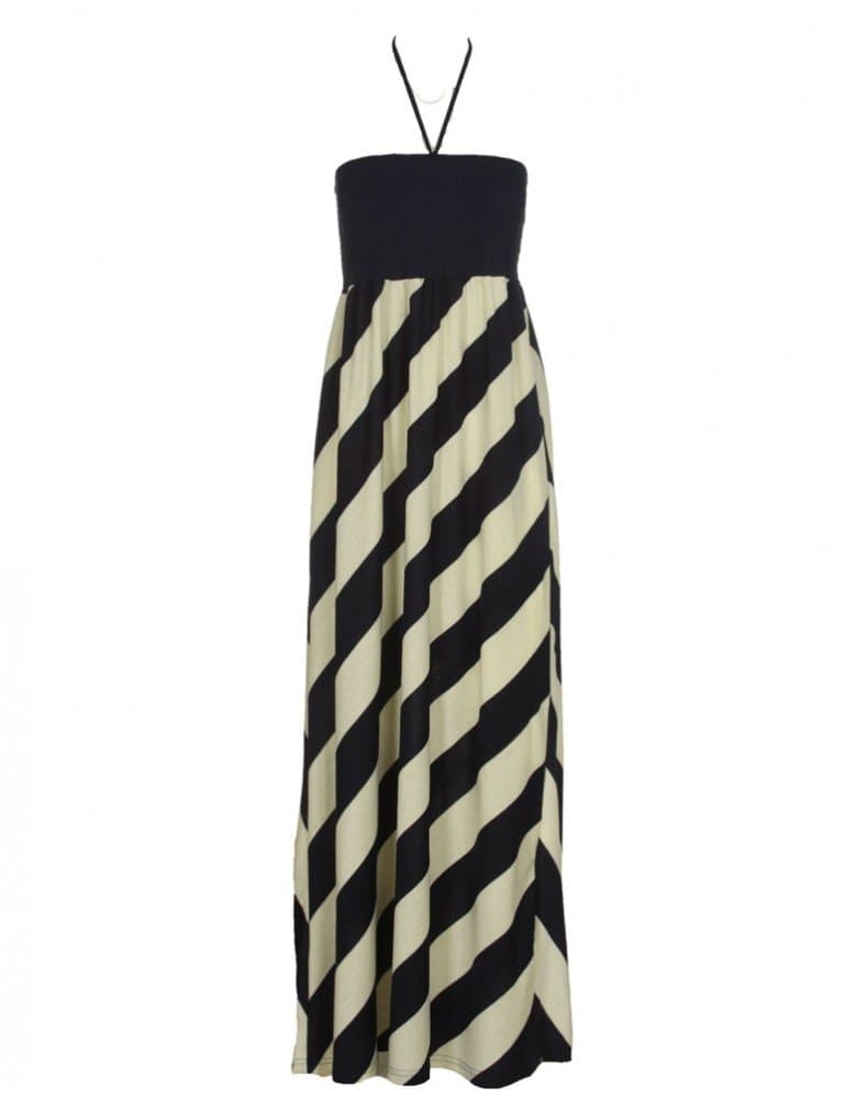 Womens Navy Blue Halter Neck Stripe Maxi Dress