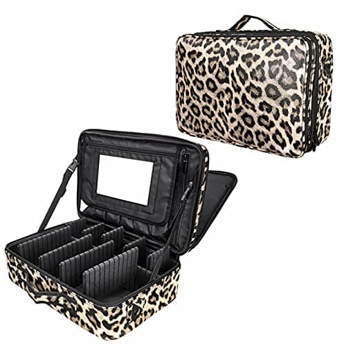 Large Cosmetic Bag, AIMEI Makeup Bag Professional Makeup Organizer Bag, Double Layer Waterproof Cosmetic Case for Women & Girl, Travel Toiletries Bag with Brush Pot & Durable Zipper Leopard Print M
