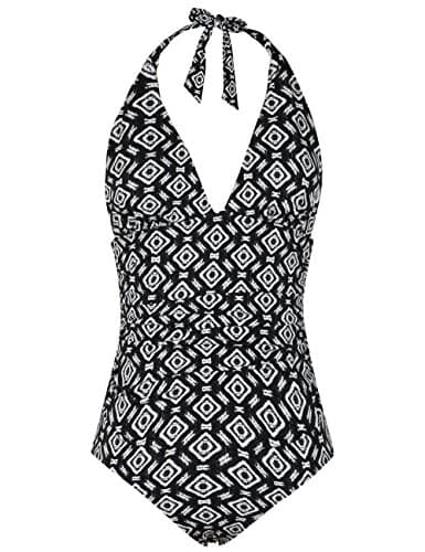 Firpearl Womens Plunge Deep V Neck One Piece Swimsuit Halter Monokinis Shirred Details Argyle Pattern 4