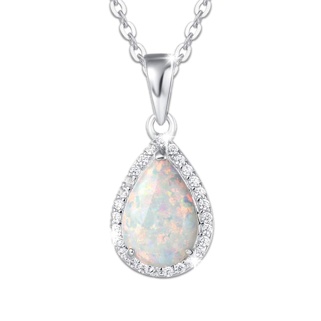 October Birthstone Necklace Sterling Silver White Opal Necklace Fire Opal Halo Waterdrop Teardrop Pear Shape Opal Pendant Fine Opal Jewelry for Women
