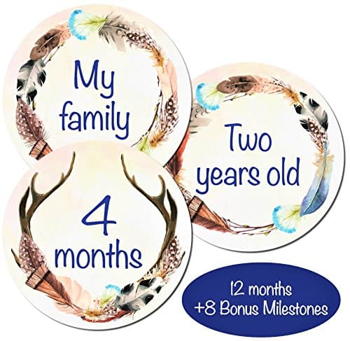Baby Monthly Milestone Stickers, Birth to 12 Months + 7 Bonus Non Toxic Stickers for Newborn, 20 4" Premium Stickers for First Year, Woodland, Feather, Unique Baby Shower Gift